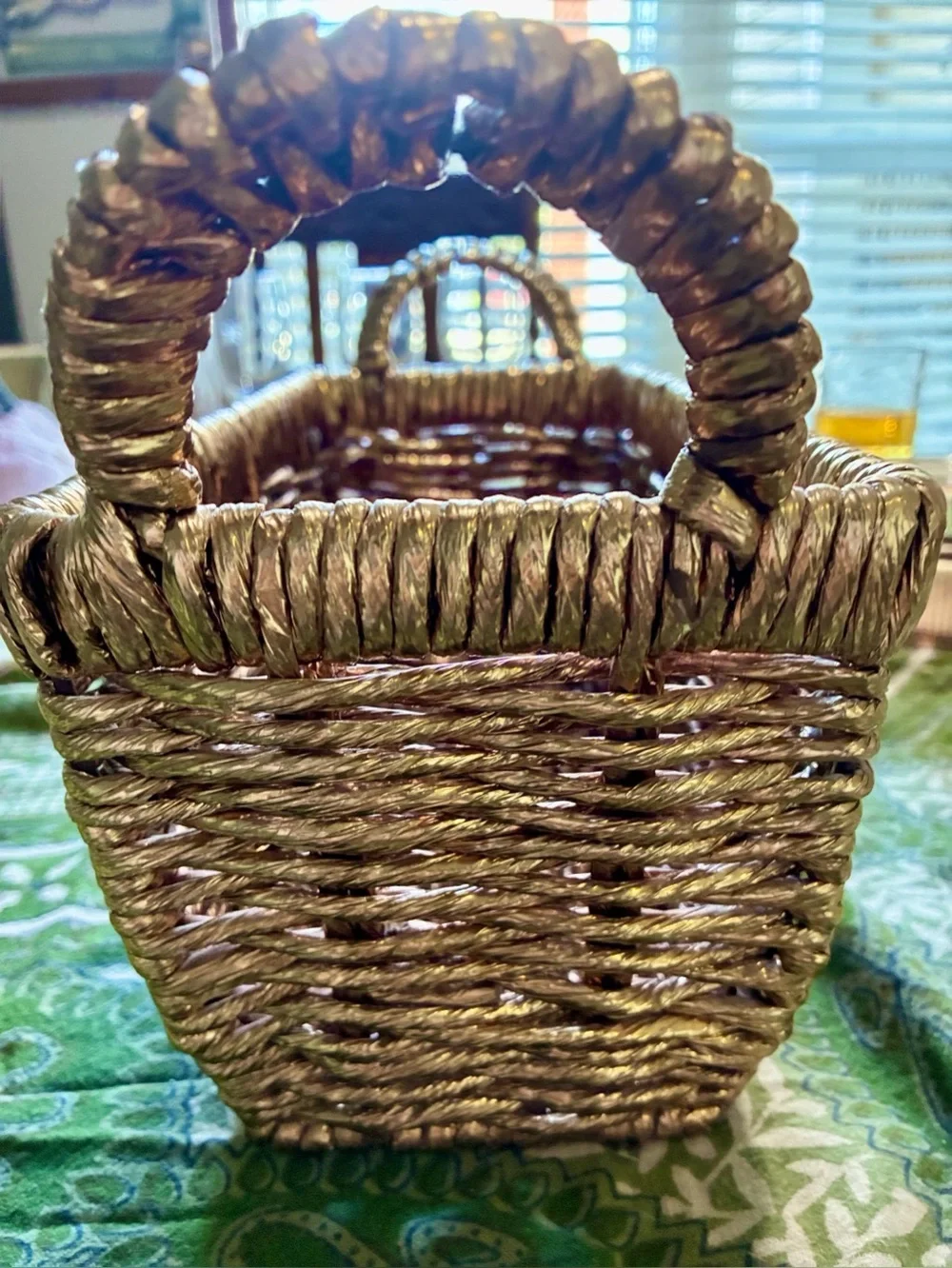 Metallic Gold Woven Abaca Rope Basket, Late 20th Century Rectangle with Handles.